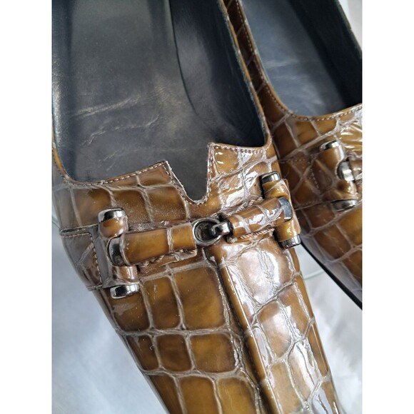 Stuart Weitzman Womens Pumps Brown Square Toe Buckle Croc Embossed Sz 8.5 - Picture 9 of 16